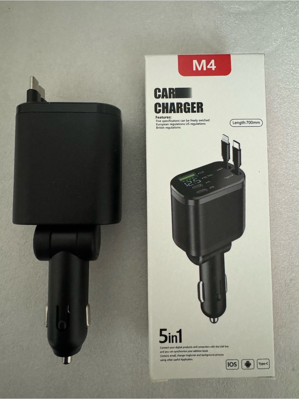 M4 Black Car Charger 5-in-1 with Dual USB Ports, Brand new with box